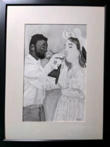 Black and White watercolor of a bride and groom toasting to their marriage.