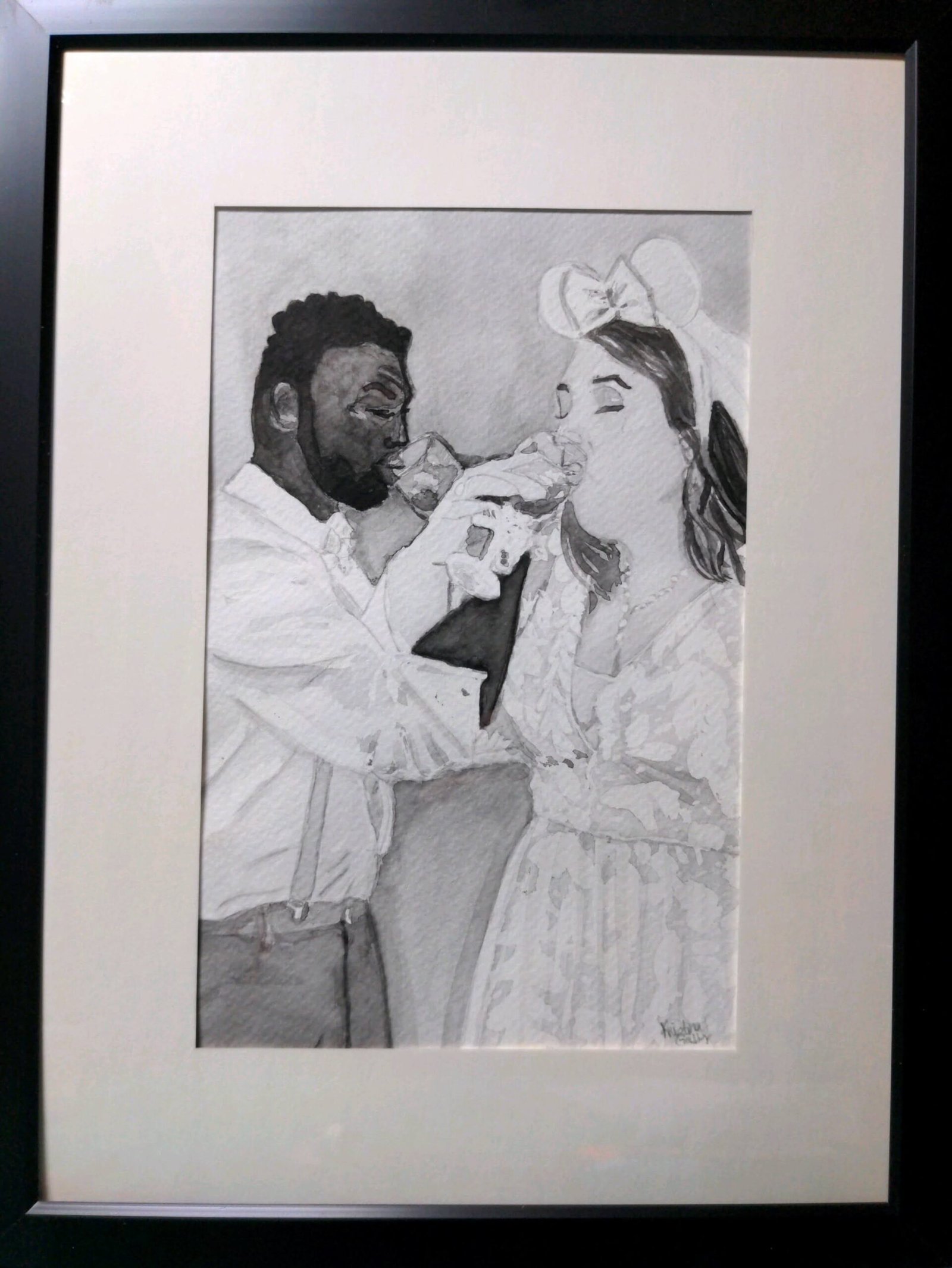 Black and White watercolor of a bride and groom toasting to their marriage.
