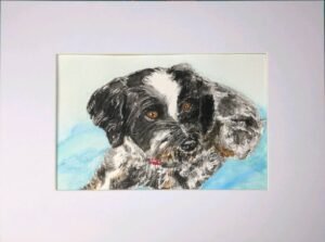 Matted Watercolor Portrait of a black and white dog