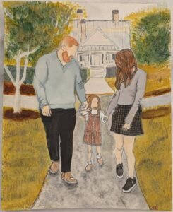 Finished watercolor portrait of a small 3 person family walking in front of a house