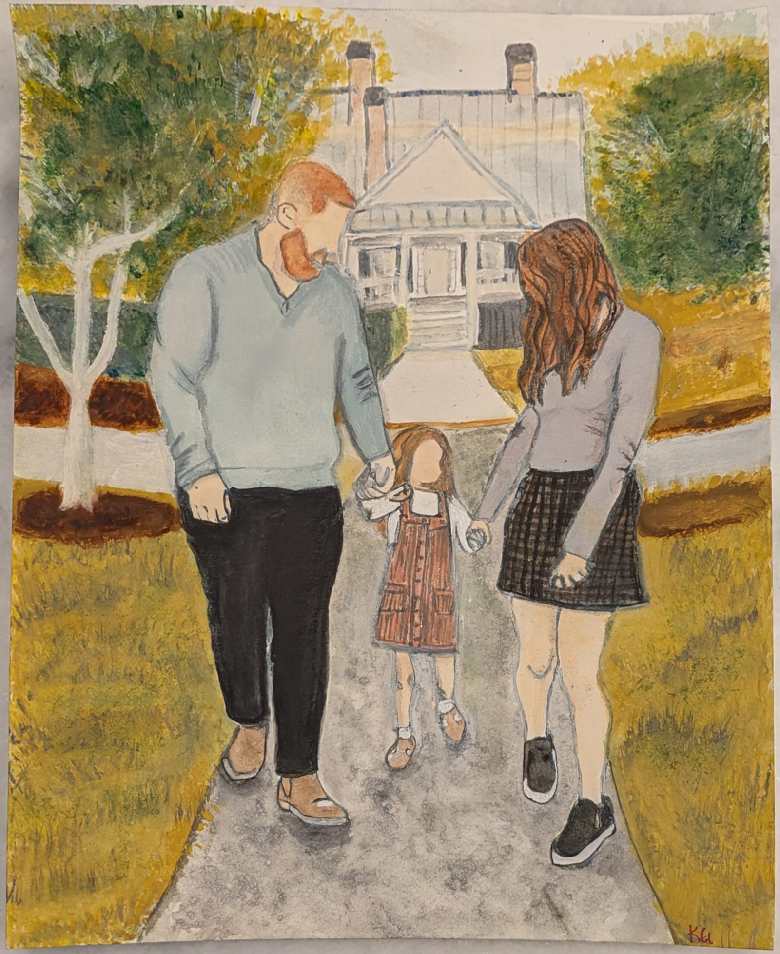 Finished watercolor portrait of a small 3 person family walking in front of a house