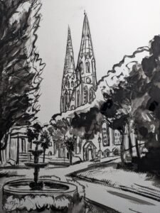 Black and White Watercolor of a cathedral in Savannah, Georgia.