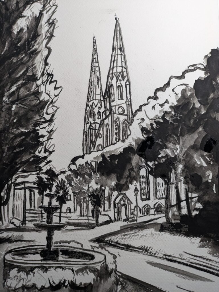 B&W Cathedral Black and White Watercolor of a cathedral in Savannah, Georgia.
