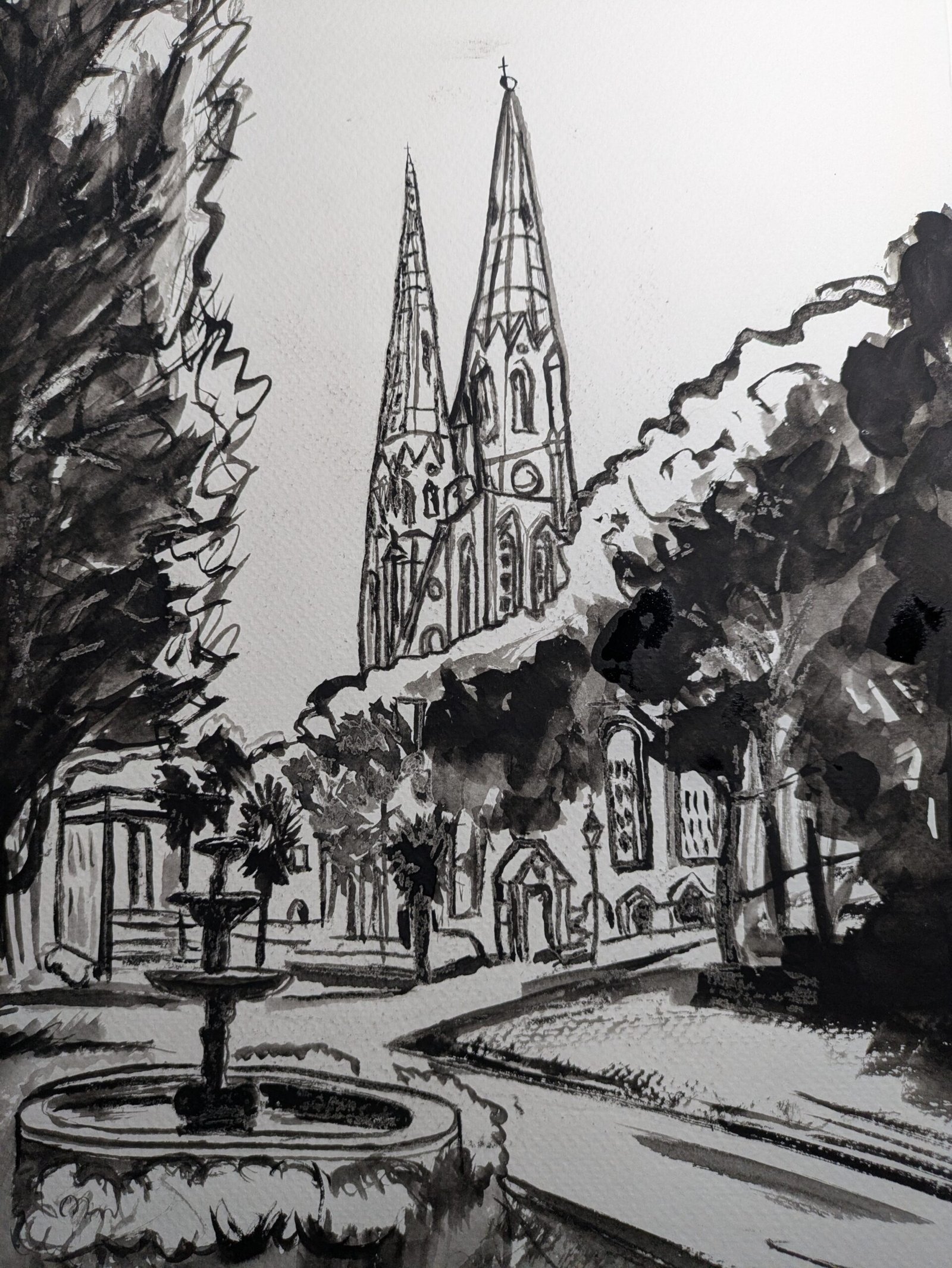 Black and White Watercolor of a cathedral in Savannah, Georgia.