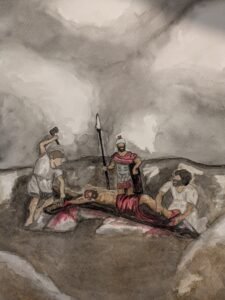Watercolor scenic portrait of Jesus at His Crucifixion