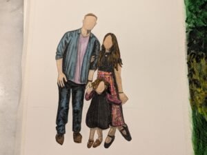 Watercolor sketch of a young family of 3