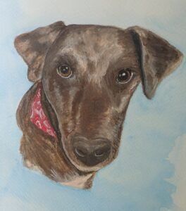 Watercolor portrait of a brown dog with floppy ears and a red bandana
