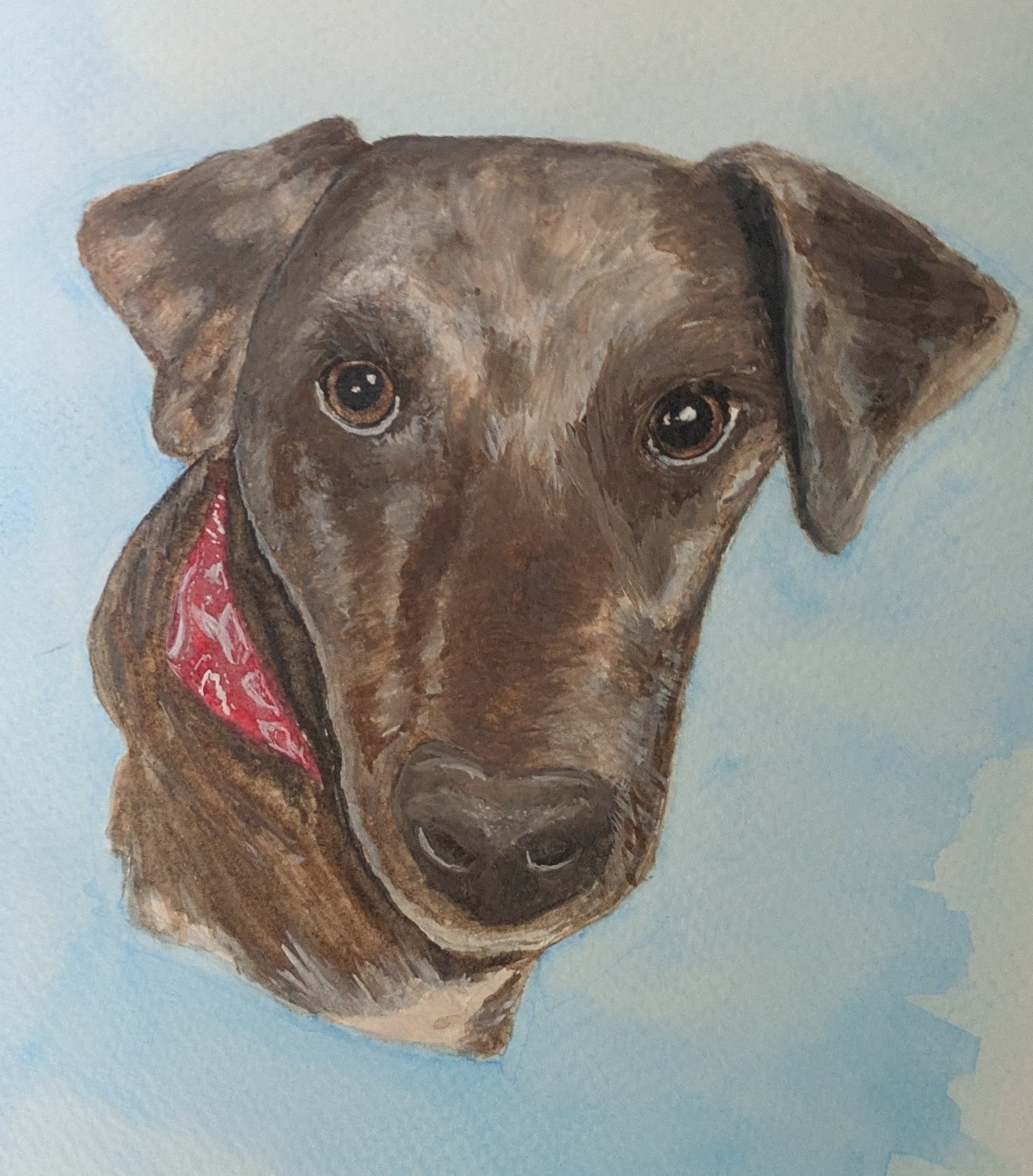 Watercolor portrait of a brown dog with floppy ears and a red bandana
