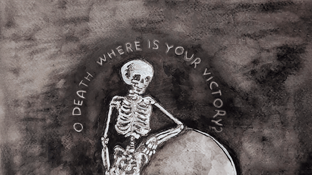 Skeleton illustration with the words “O Death, Where Is Your Victory?” representing teaching, discipling children about hope in Jesus, and faith during Halloween.