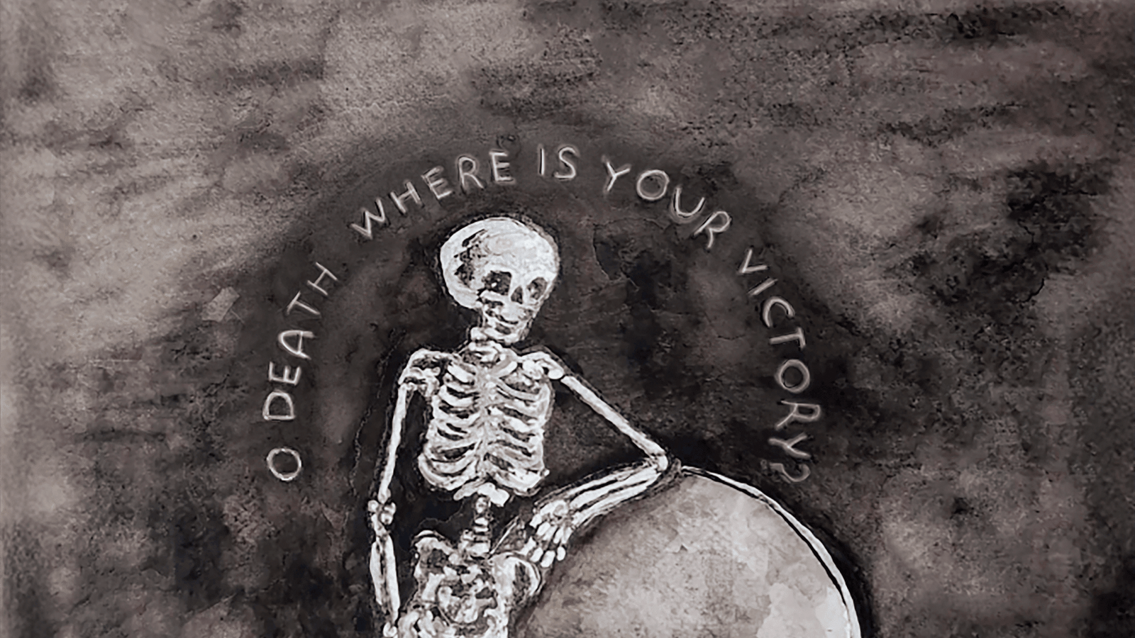 Skeleton illustration with the words “O Death, Where Is Your Victory?” representing teaching, discipling children about hope in Jesus, and faith during Halloween.